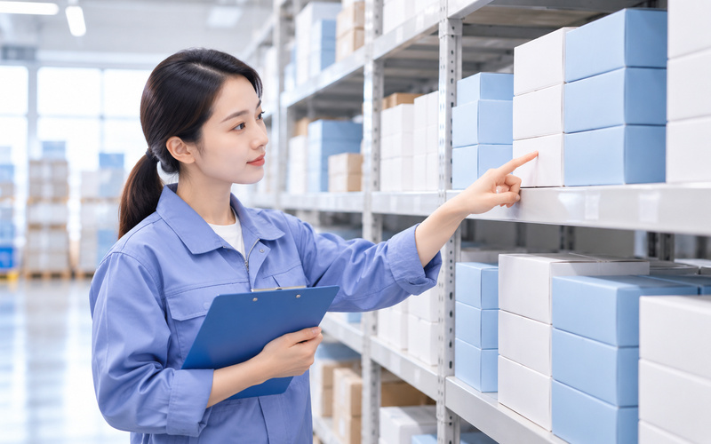 仓管员在货架前查看同一商品的不同批次