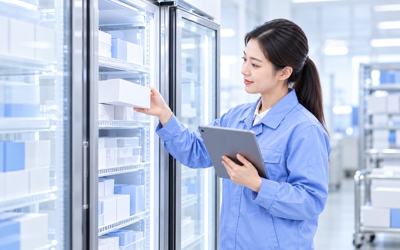 仓管员从医用冷藏柜取出试剂并核对批次