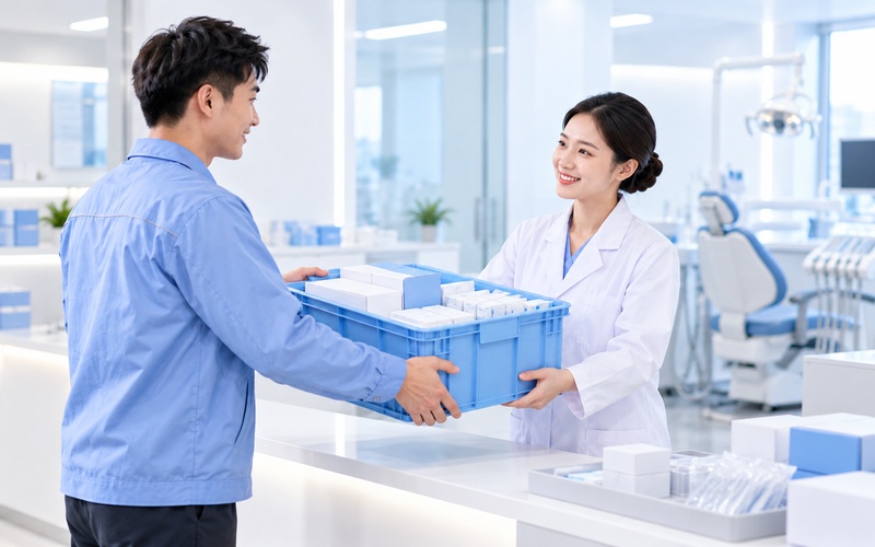 配送人员向口腔诊所交付口腔耗材